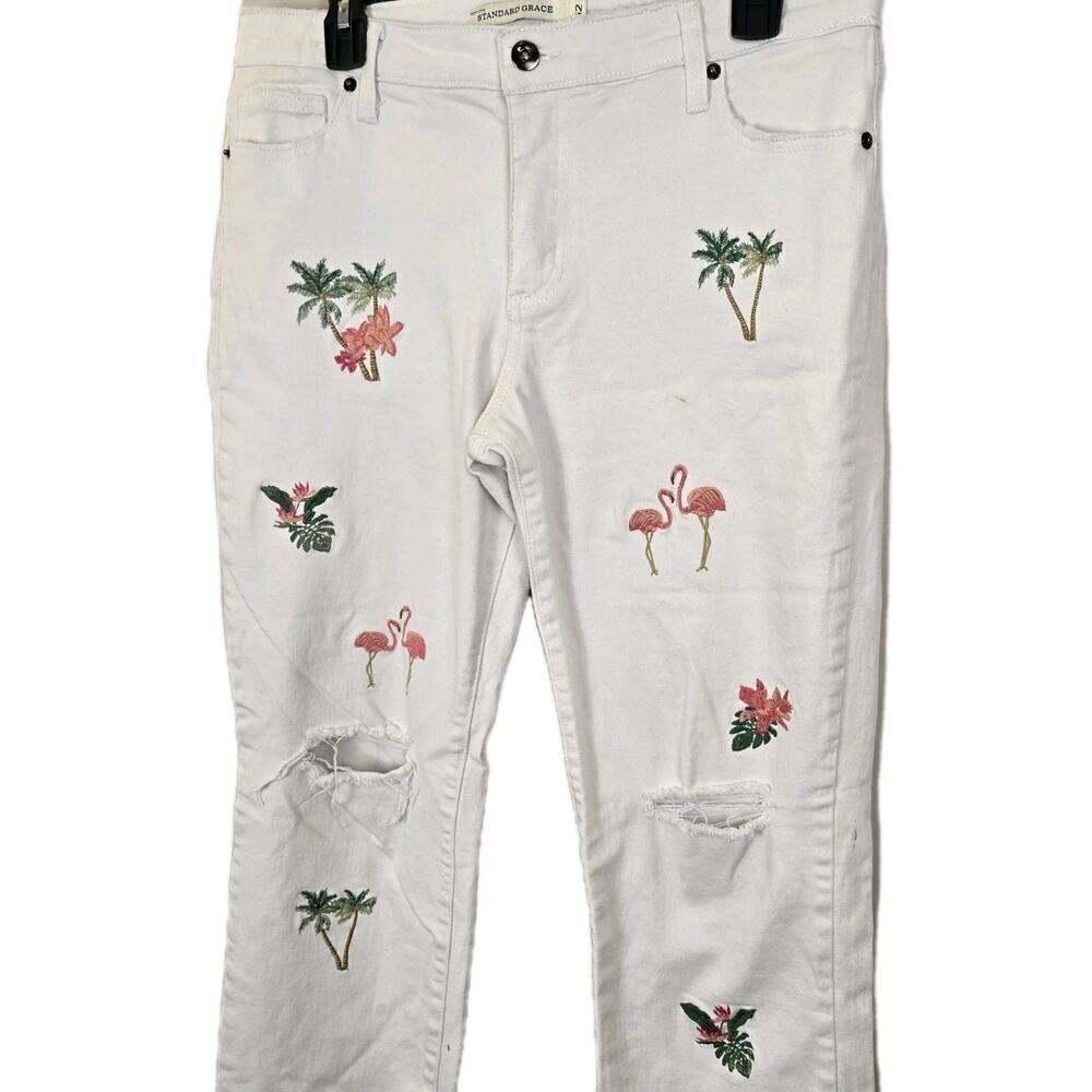 Standard Grace Jeans White Embroidered Flamingos Palm Trees Distressed Sz 12